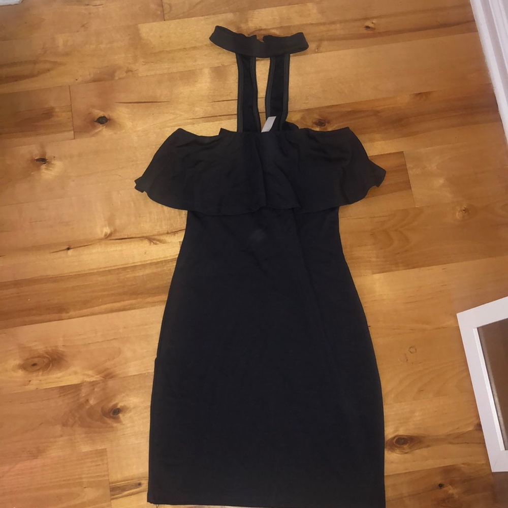 Dark blue body con with choker neckline